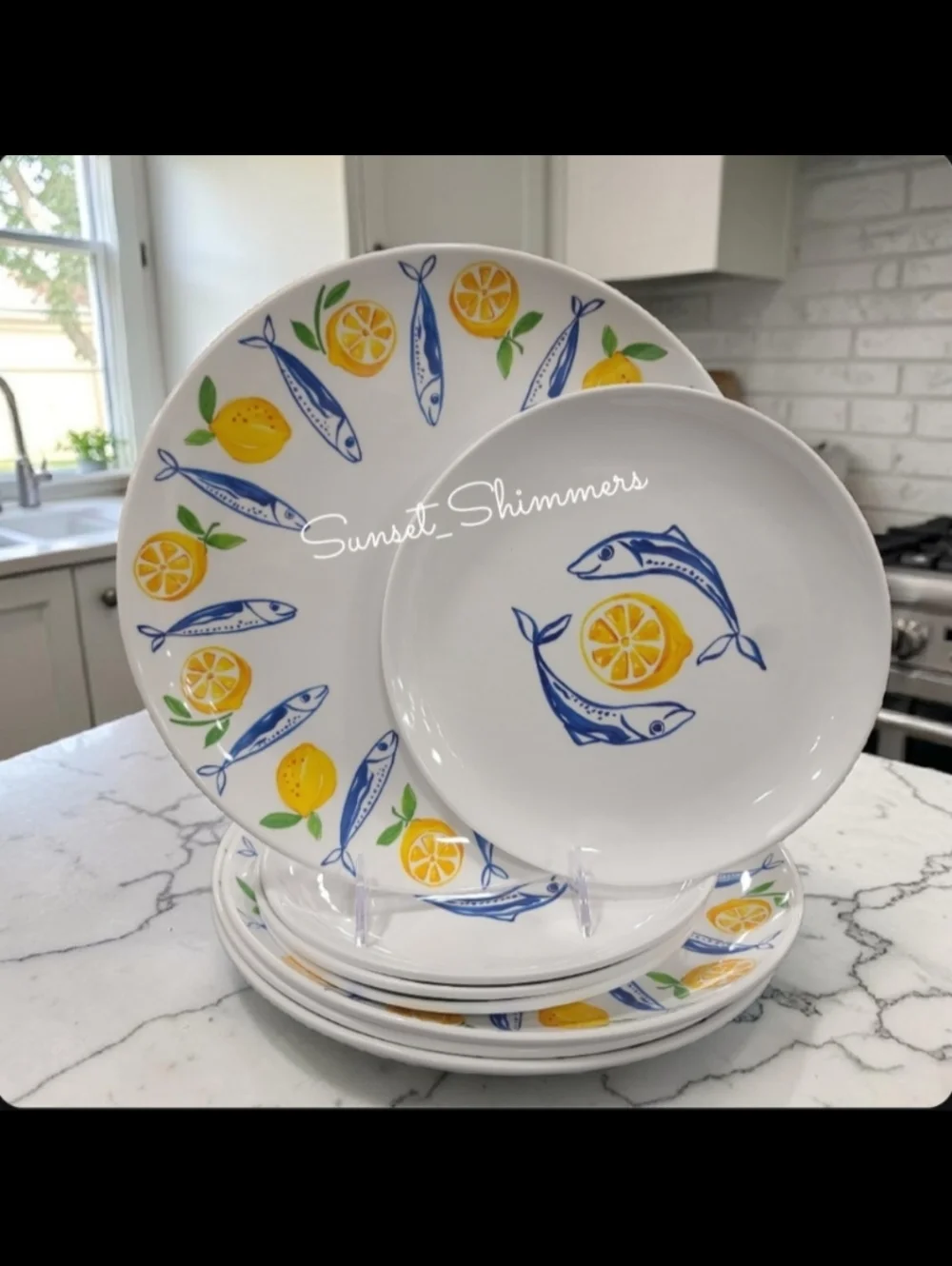 8 Tommy Bahama Sardine Lemon Blue Fish MELAMINE Dinner & Salad Plates Set New - Picture 1 of 8